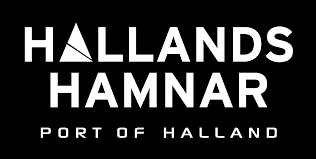 logotype Hallands Hamnar, vit text på svart botten