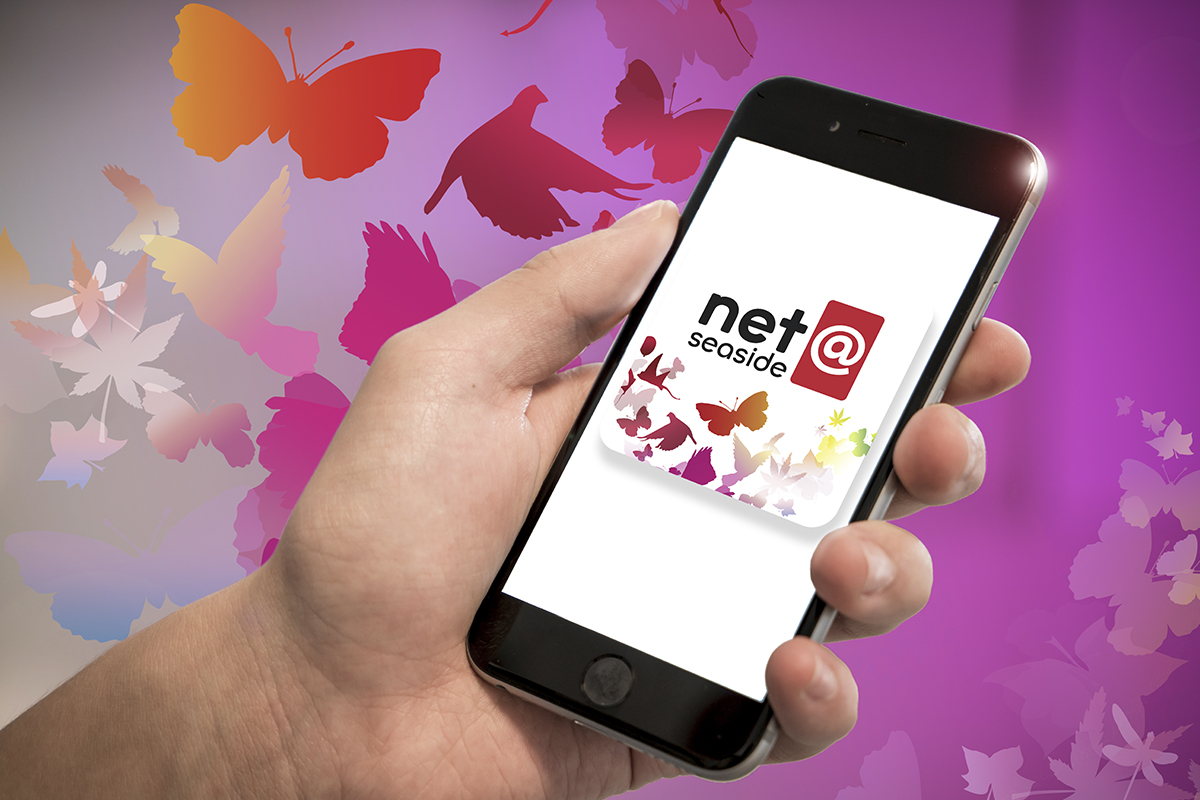 hand håller mobil som visar appen net at seadide, rosa bakgrund med fjärilar