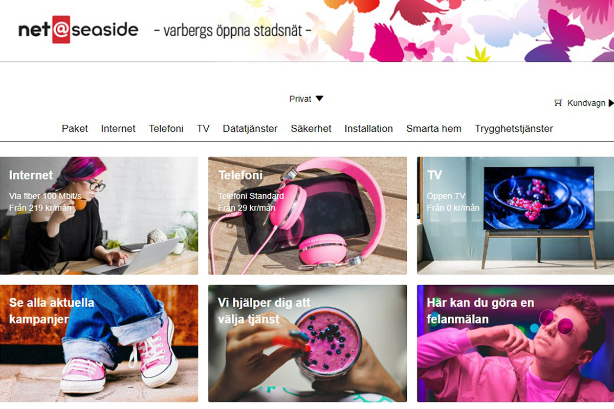 startsida på hemsidan Tjänsteguiden med toppbild, meny samt sex olika bildlänkar, mest i rosa toner